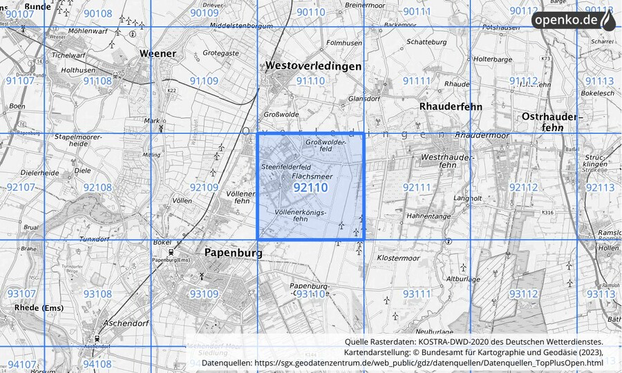 Übersichtskarte des KOSTRA-DWD-2020-Rasterfeldes Nr. 92110