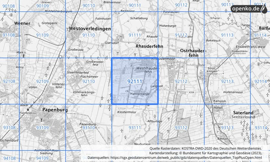 Übersichtskarte des KOSTRA-DWD-2020-Rasterfeldes Nr. 92111