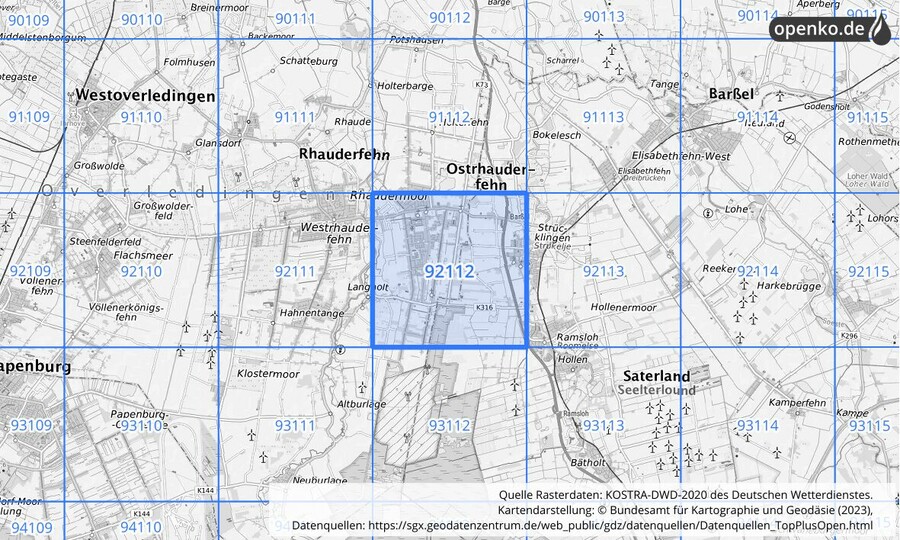 Übersichtskarte des KOSTRA-DWD-2020-Rasterfeldes Nr. 92112