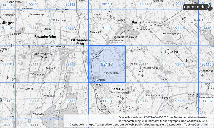 Übersichtskarte des KOSTRA-DWD-2020-Rasterfeldes Nr. 92113