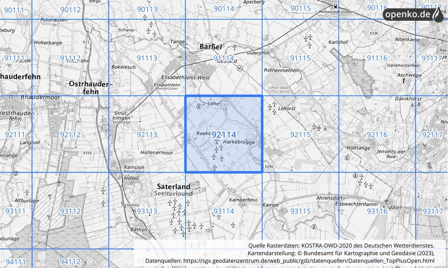 Übersichtskarte des KOSTRA-DWD-2020-Rasterfeldes Nr. 92114