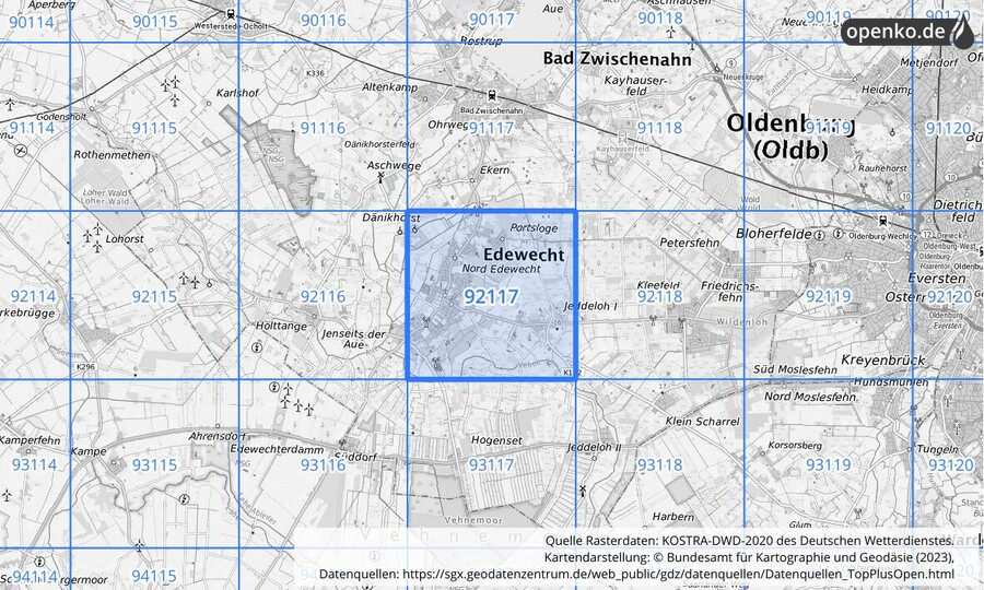 Übersichtskarte des KOSTRA-DWD-2020-Rasterfeldes Nr. 92117