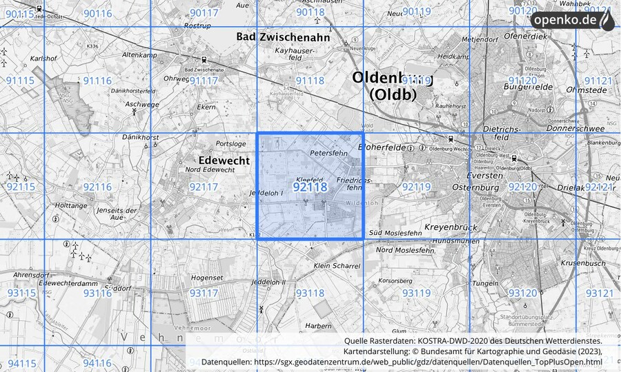 Übersichtskarte des KOSTRA-DWD-2020-Rasterfeldes Nr. 92118