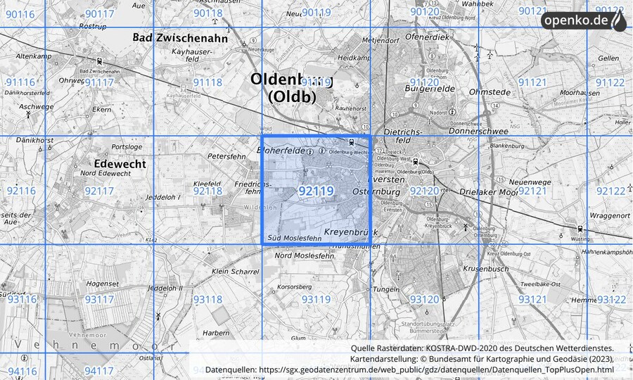 Übersichtskarte des KOSTRA-DWD-2020-Rasterfeldes Nr. 92119