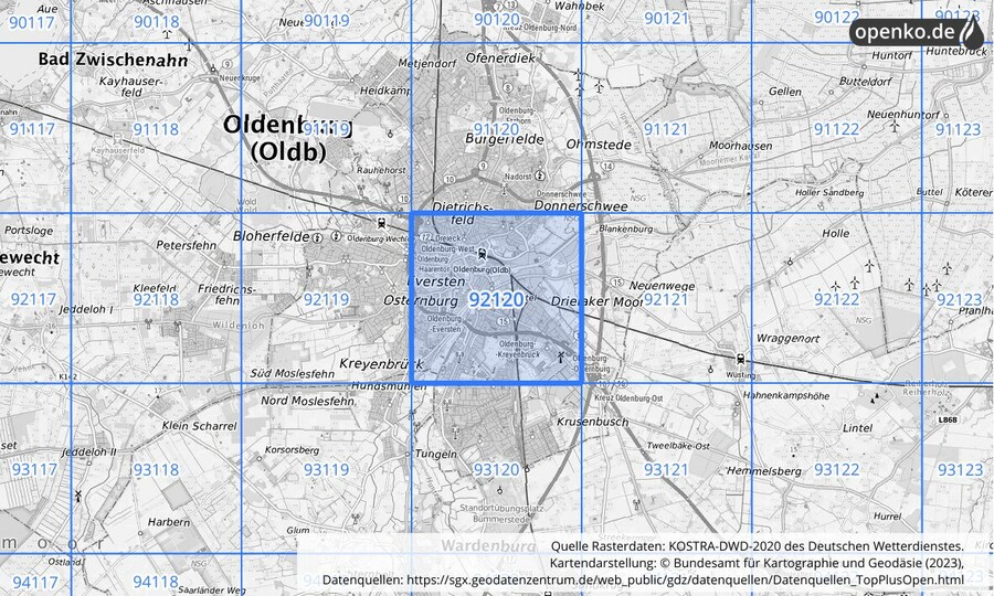 Übersichtskarte des KOSTRA-DWD-2020-Rasterfeldes Nr. 92120