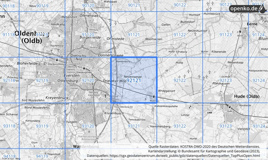 Übersichtskarte des KOSTRA-DWD-2020-Rasterfeldes Nr. 92121