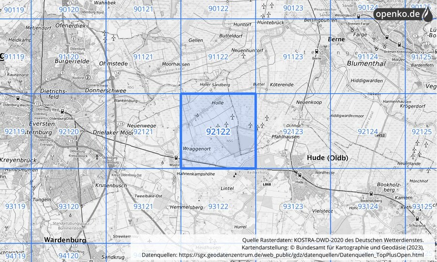 Übersichtskarte des KOSTRA-DWD-2020-Rasterfeldes Nr. 92122