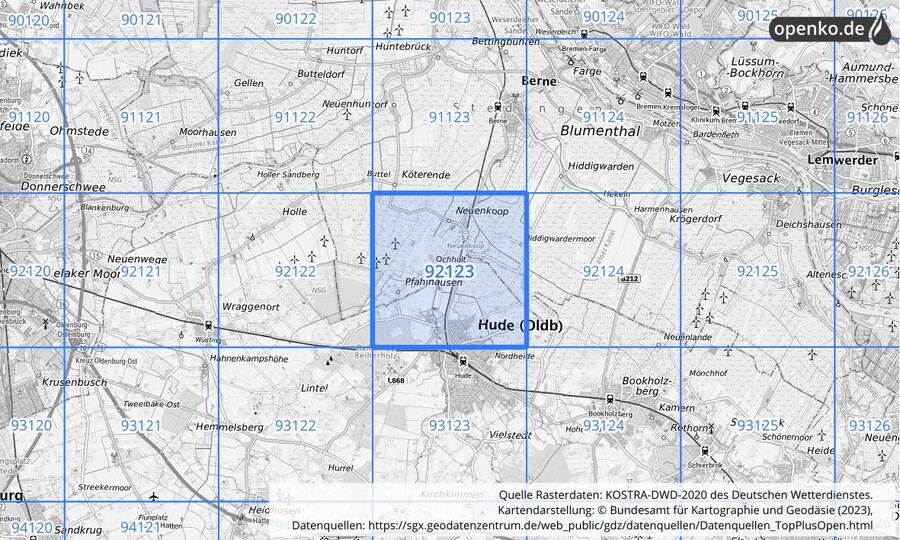 Übersichtskarte des KOSTRA-DWD-2020-Rasterfeldes Nr. 92123