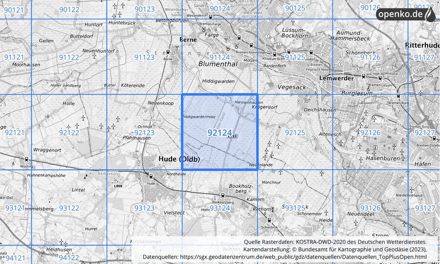 Übersichtskarte des KOSTRA-DWD-2020-Rasterfeldes Nr. 92124