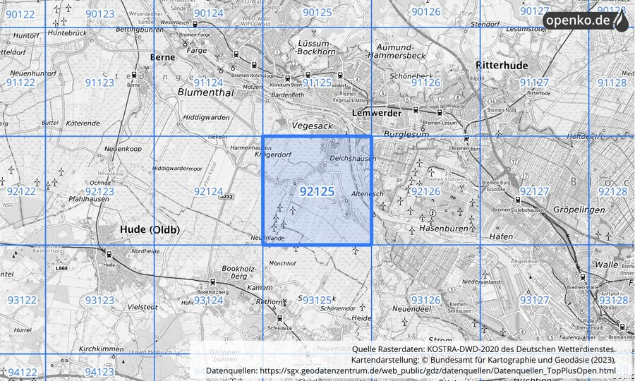 Übersichtskarte des KOSTRA-DWD-2020-Rasterfeldes Nr. 92125