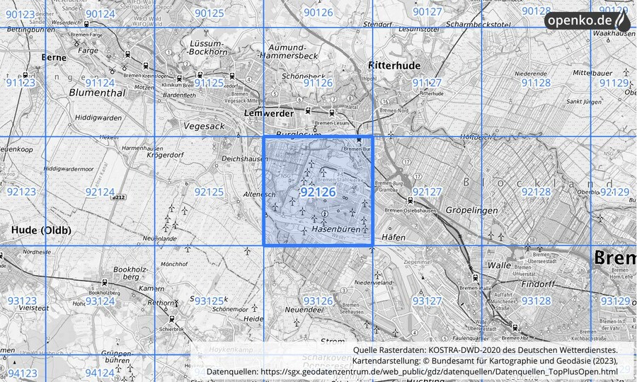 Übersichtskarte des KOSTRA-DWD-2020-Rasterfeldes Nr. 92126