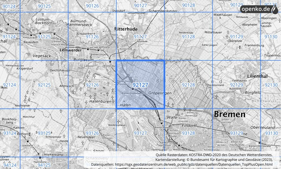 Übersichtskarte des KOSTRA-DWD-2020-Rasterfeldes Nr. 92127