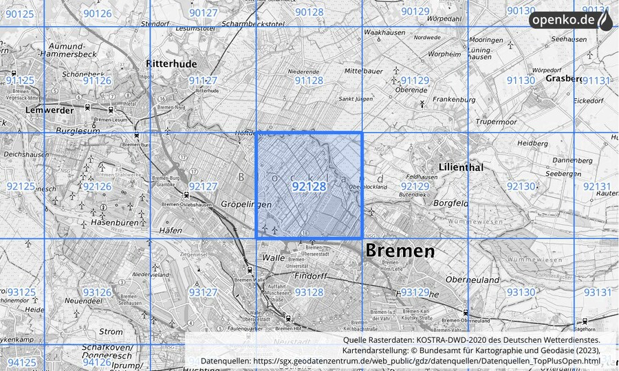 Übersichtskarte des KOSTRA-DWD-2020-Rasterfeldes Nr. 92128