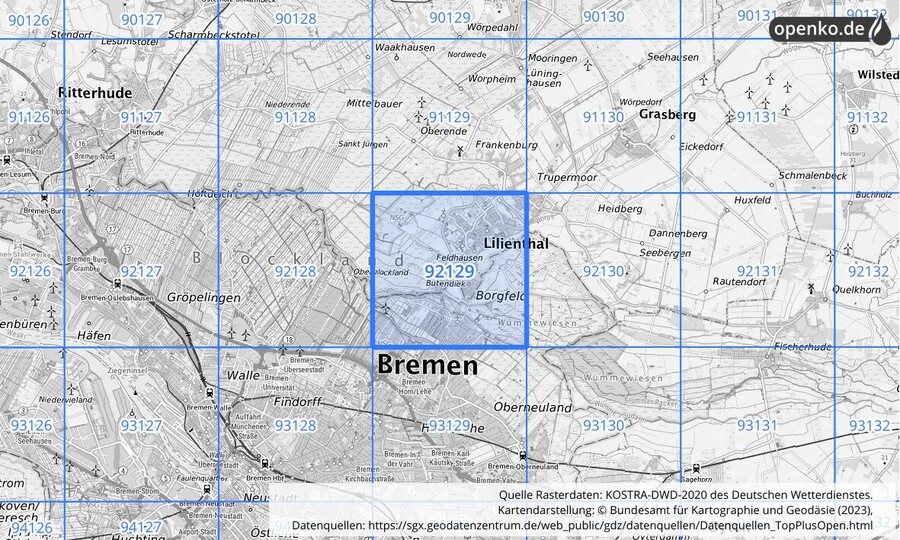 Übersichtskarte des KOSTRA-DWD-2020-Rasterfeldes Nr. 92129