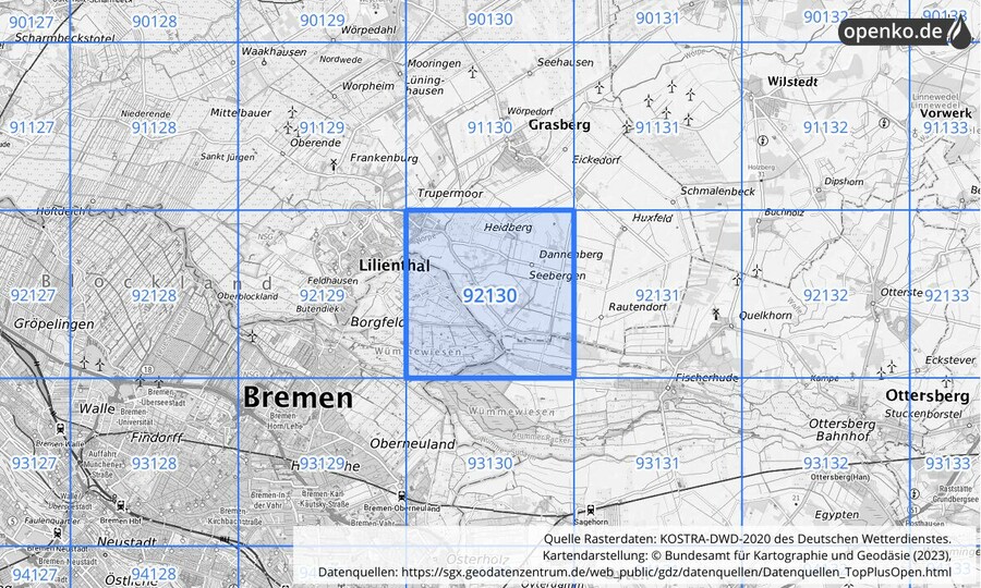 Übersichtskarte des KOSTRA-DWD-2020-Rasterfeldes Nr. 92130