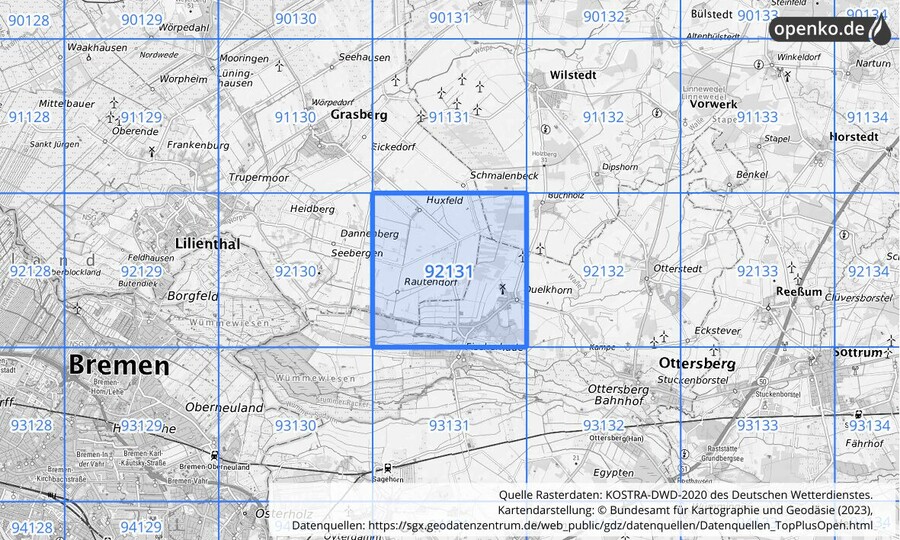 Übersichtskarte des KOSTRA-DWD-2020-Rasterfeldes Nr. 92131