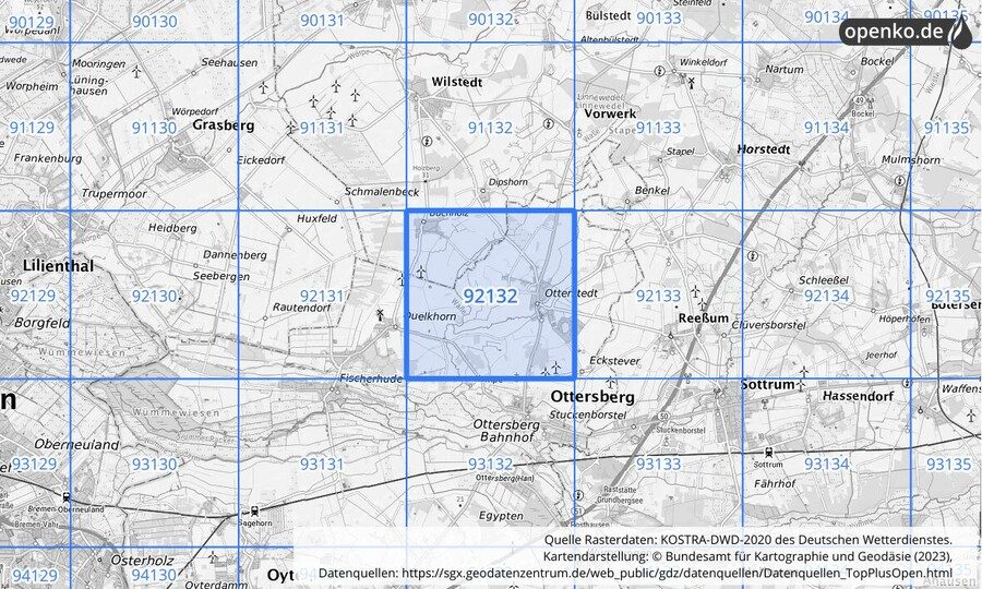 Übersichtskarte des KOSTRA-DWD-2020-Rasterfeldes Nr. 92132