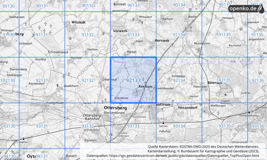 Übersichtskarte des KOSTRA-DWD-2020-Rasterfeldes Nr. 92133