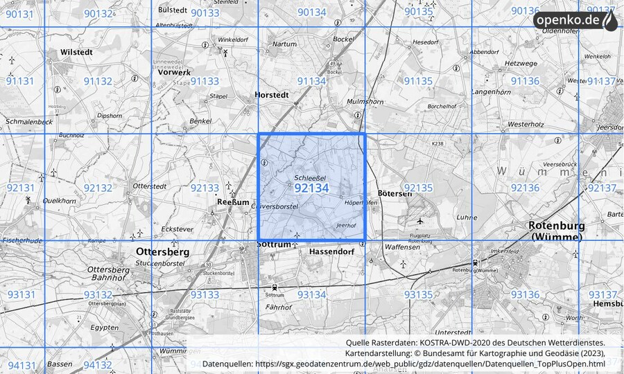 Übersichtskarte des KOSTRA-DWD-2020-Rasterfeldes Nr. 92134