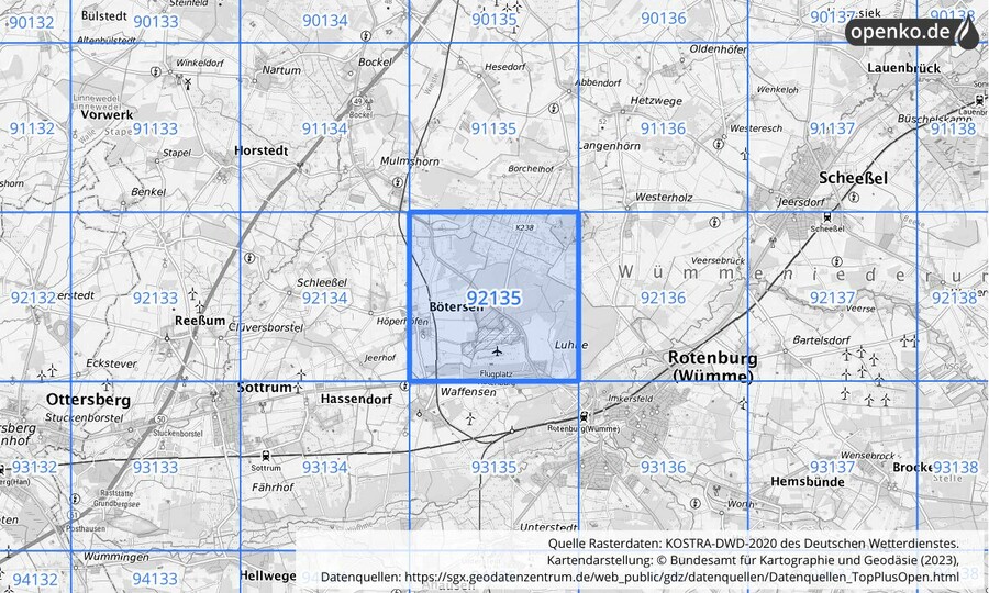 Übersichtskarte des KOSTRA-DWD-2020-Rasterfeldes Nr. 92135