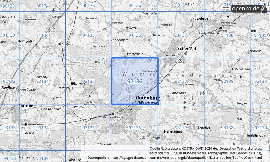 Übersichtskarte des KOSTRA-DWD-2020-Rasterfeldes Nr. 92136