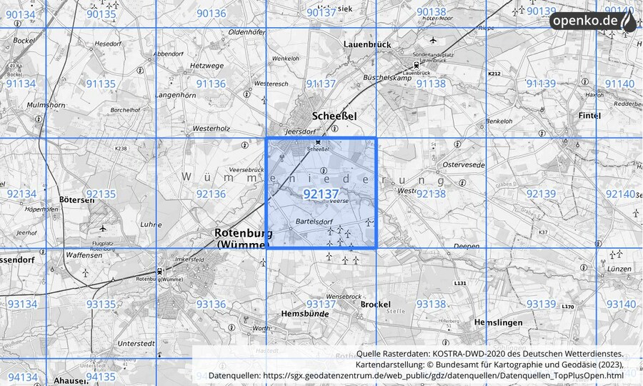 Übersichtskarte des KOSTRA-DWD-2020-Rasterfeldes Nr. 92137