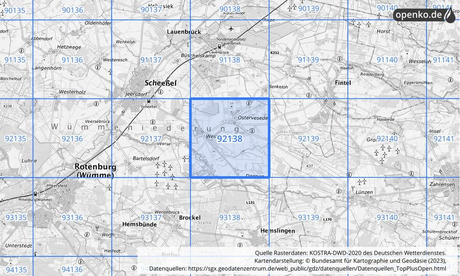 Übersichtskarte des KOSTRA-DWD-2020-Rasterfeldes Nr. 92138