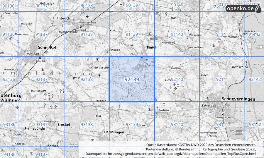 Übersichtskarte des KOSTRA-DWD-2020-Rasterfeldes Nr. 92139