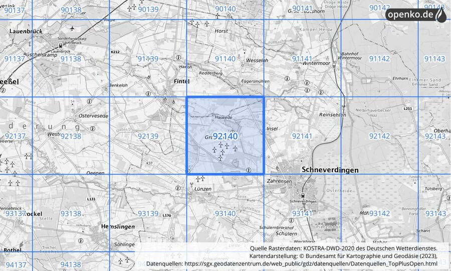 Übersichtskarte des KOSTRA-DWD-2020-Rasterfeldes Nr. 92140