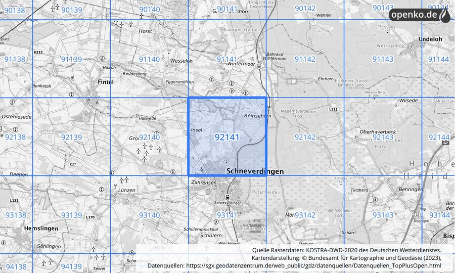 Übersichtskarte des KOSTRA-DWD-2020-Rasterfeldes Nr. 92141