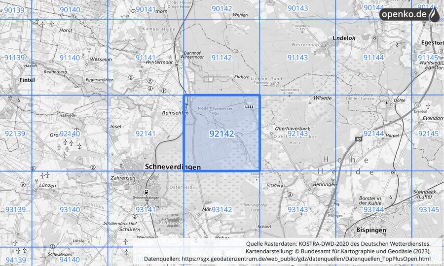 Übersichtskarte des KOSTRA-DWD-2020-Rasterfeldes Nr. 92142