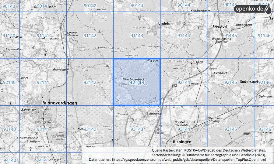 Übersichtskarte des KOSTRA-DWD-2020-Rasterfeldes Nr. 92143