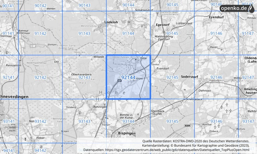 Übersichtskarte des KOSTRA-DWD-2020-Rasterfeldes Nr. 92144