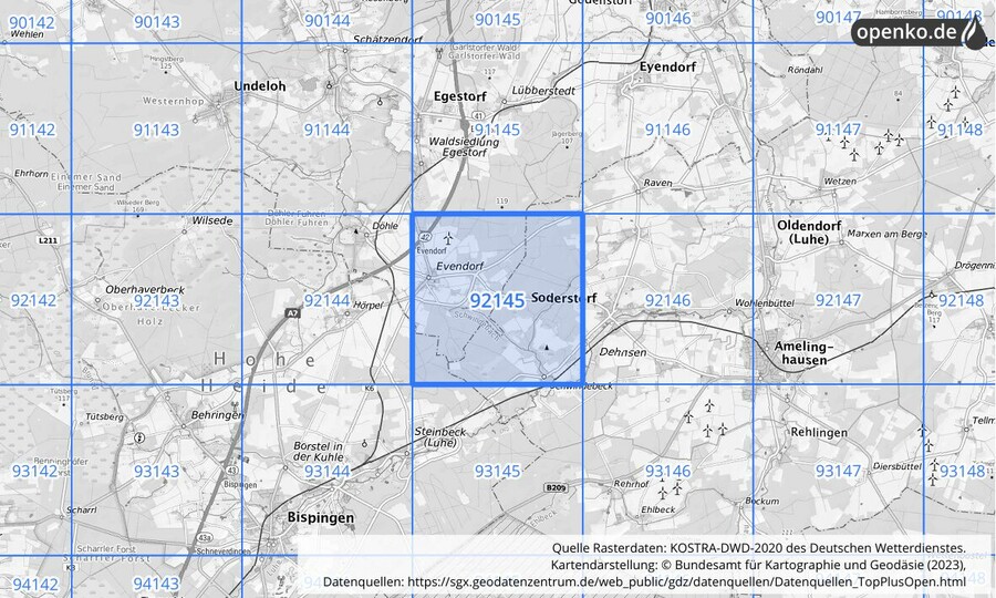 Übersichtskarte des KOSTRA-DWD-2020-Rasterfeldes Nr. 92145