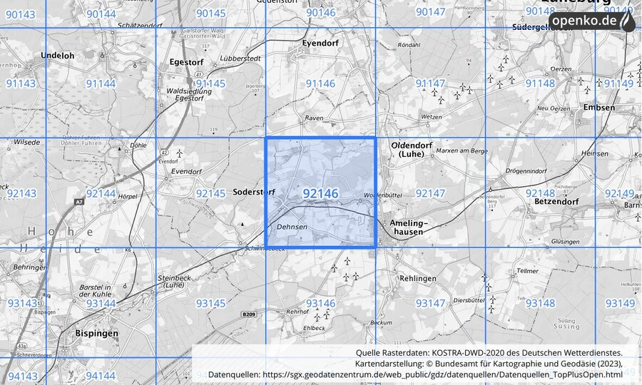 Übersichtskarte des KOSTRA-DWD-2020-Rasterfeldes Nr. 92146