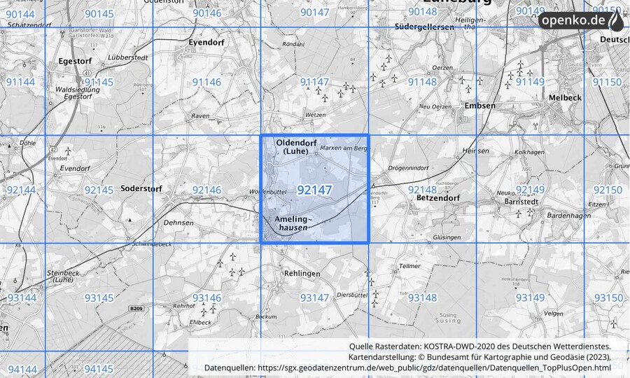 Übersichtskarte des KOSTRA-DWD-2020-Rasterfeldes Nr. 92147