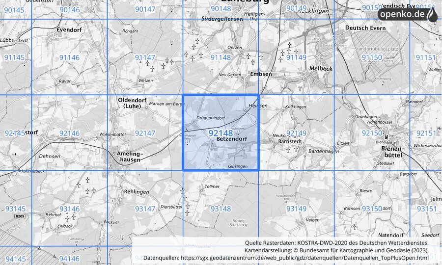 Übersichtskarte des KOSTRA-DWD-2020-Rasterfeldes Nr. 92148