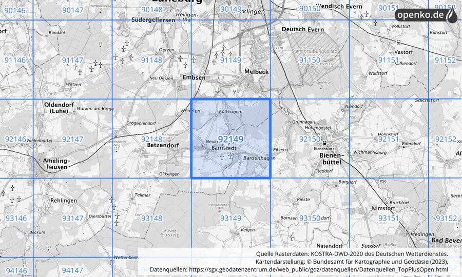 Übersichtskarte des KOSTRA-DWD-2020-Rasterfeldes Nr. 92149