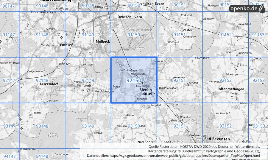 Übersichtskarte des KOSTRA-DWD-2020-Rasterfeldes Nr. 92150