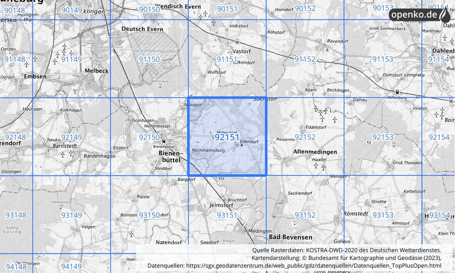 Übersichtskarte des KOSTRA-DWD-2020-Rasterfeldes Nr. 92151