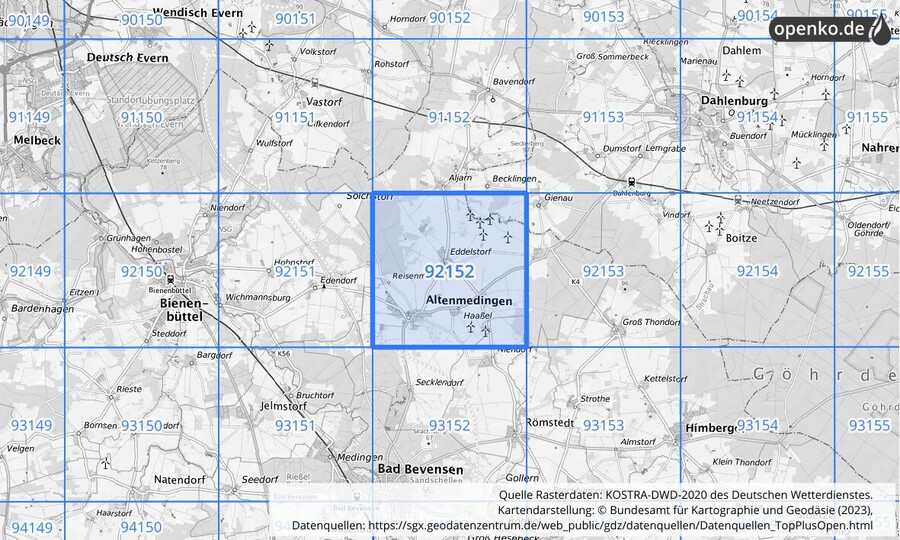 Übersichtskarte des KOSTRA-DWD-2020-Rasterfeldes Nr. 92152