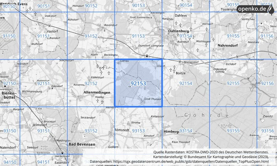 Übersichtskarte des KOSTRA-DWD-2020-Rasterfeldes Nr. 92153