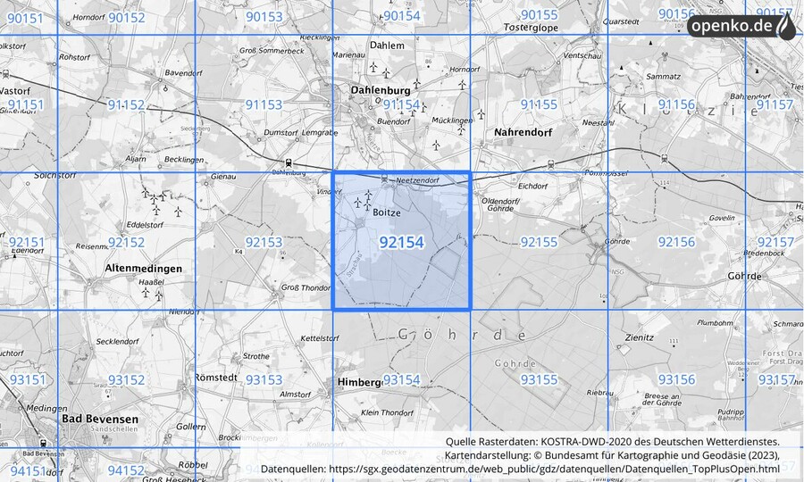 Übersichtskarte des KOSTRA-DWD-2020-Rasterfeldes Nr. 92154