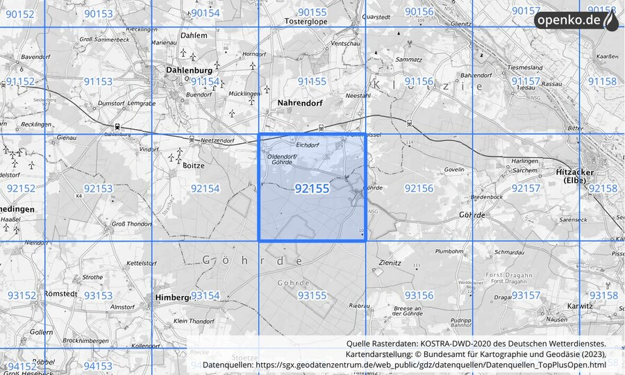 Übersichtskarte des KOSTRA-DWD-2020-Rasterfeldes Nr. 92155