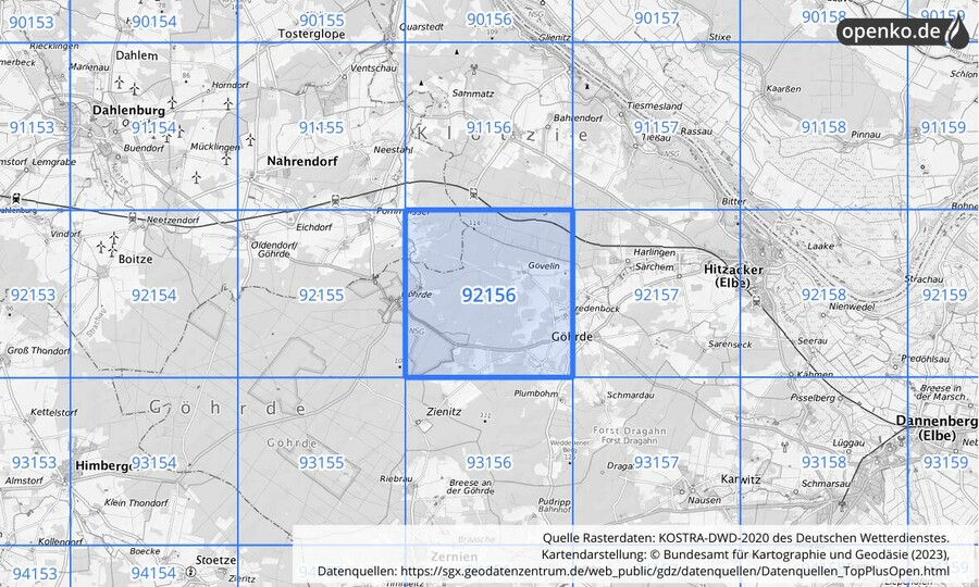 Übersichtskarte des KOSTRA-DWD-2020-Rasterfeldes Nr. 92156