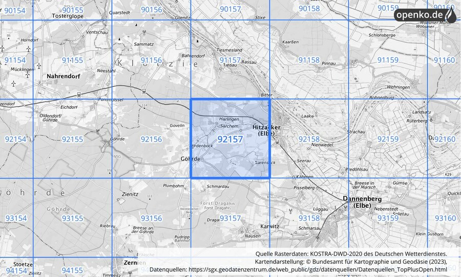 Übersichtskarte des KOSTRA-DWD-2020-Rasterfeldes Nr. 92157