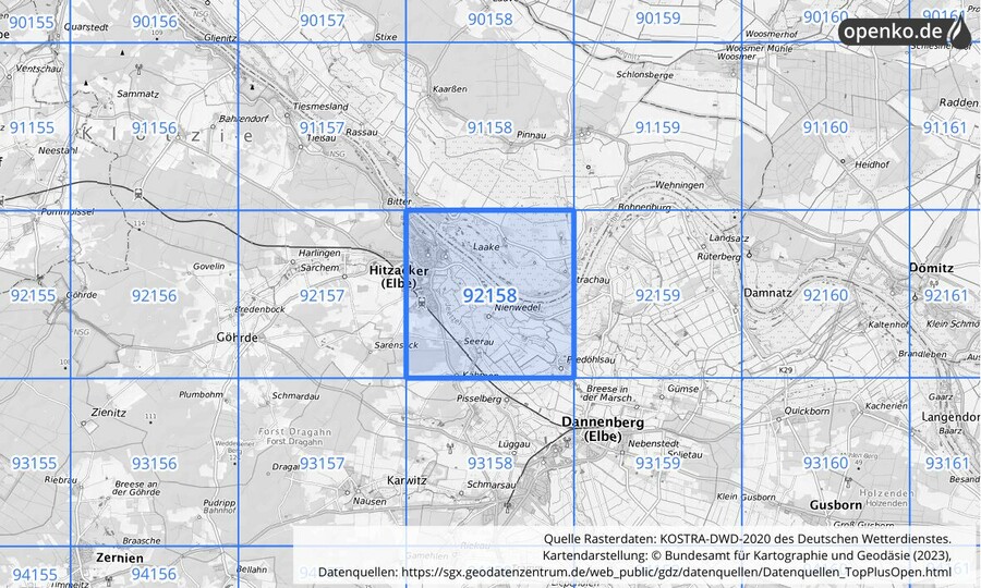 Übersichtskarte des KOSTRA-DWD-2020-Rasterfeldes Nr. 92158