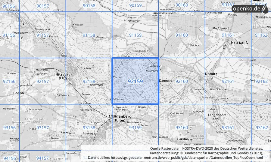 Übersichtskarte des KOSTRA-DWD-2020-Rasterfeldes Nr. 92159