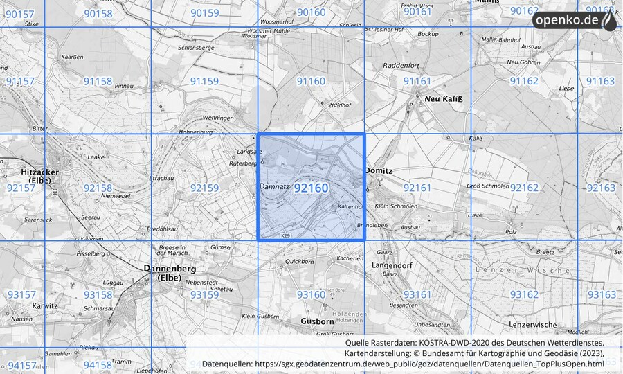 Übersichtskarte des KOSTRA-DWD-2020-Rasterfeldes Nr. 92160