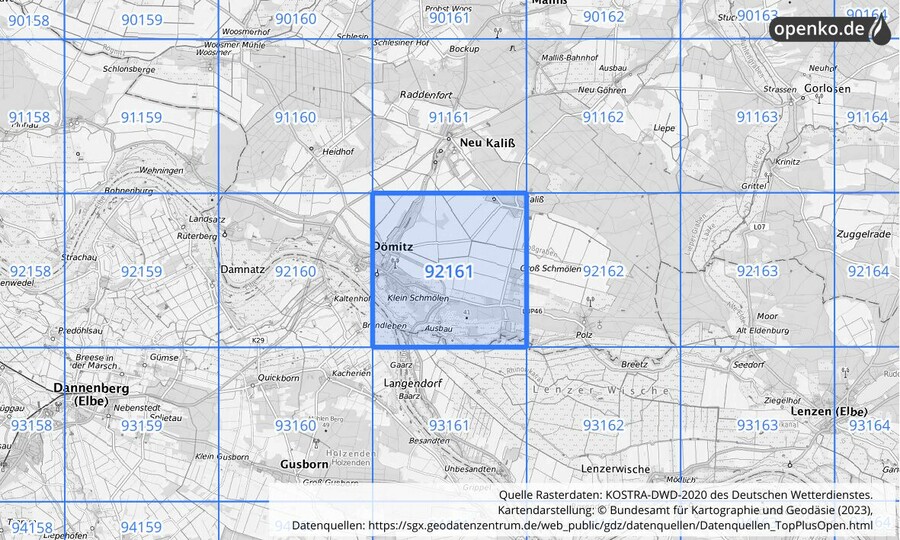 Übersichtskarte des KOSTRA-DWD-2020-Rasterfeldes Nr. 92161